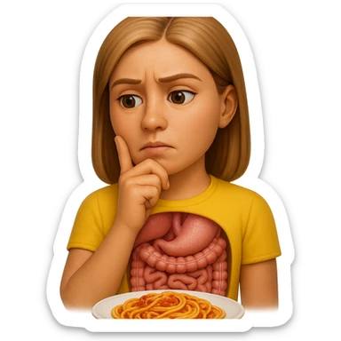donna che guarda pensierosa con intestino in evidenza un piatto di pasta, stile emoji iphone, iperrealistico 4k sticker