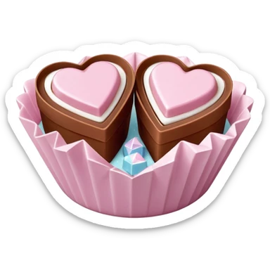 Two square milk chocolate pralines , sharp-edged glossy cubes placed diagonally side by side, each sitting in a small white fluted paper candy cup.
Flat thin pastel pink heart icing centered on top with fine sugar crystal sparkle, clean studio product lighting,  sticker