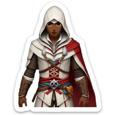 icon featuring Assasin's Creed in an iconic assassin's hood, standing tall against the backdrop of Florence. The design captures the essence of adventure, with intricate details of historical architecture and a sense of mystery. The character is poised, ready for action. transparent background. sticker