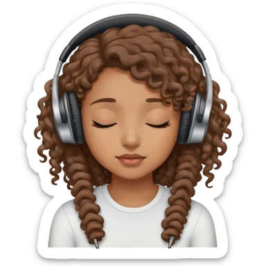 Light brown skin girl, long curly brown flat hair, eyes closed, headphones on listing to music sticker