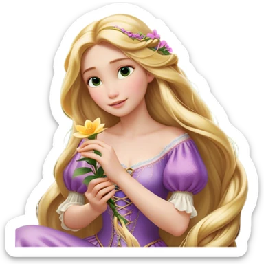 Cinematic Realistic Rapunzel Portrait, with porcelain-like skin featuring a subtle, natural glow, illuminated by soft lighting that brings out the gentle contours of her face. Her long, golden blonde hair cascades in detailed waves, each strand highlighted with a radiant shimmer as it catches the light. She playfully holds a flower in one hand, her other hand resting casually in her lap, with a warm and spirited expression. Her bright, expressive green eyes exude curiosity and warmth, framed by delicate lashes and soft, arched brows. She is dressed in her classic lavender and pink gown, the fabric textured with delicate folds that flow naturally, catching the light with a soft, radiant glow. The portrait captures a luminous, enchanting aura, seamlessly blending realism with a whimsical, fairytale charm, evoking a timeless sense of beauty and magic. sticker