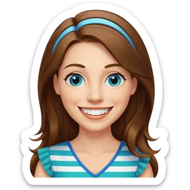 40 yr Caucasian woman, long brown hair parted on side, white stripe in hair, blue green dress ,big smile, white teeth, dimples, blue eyes sticker