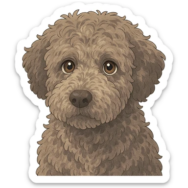 close-up portrait of Lagotto Romagnolo dog, fluffy roan fur, expressive eyes, ghibli style sticker