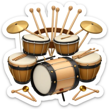Create a professional, emblem-like emoji representing percussion instruments, including both traditional and folk drums. Feature a snare drum, bass drum, timpani, cymbals, marimba, tambourine, djembe, bongos, cajón, triangle, castanets, and ratchets in a balanced, heraldic composition. Crossed drumsticks at the center symbolize rhythm, while a ribbon of musical notes weaves around the instruments. Use rich gold, mahogany, and silver tones with polished highlights. Add laurel wreaths and subtle engravings for a grand, festive feel. The design should be harmonious, visually complete, and on a transparent background. sticker