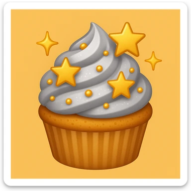 Add gold stars and a tiny edible pearl to the cupcake with silver frosting and gold pearls in emoji style. sticker