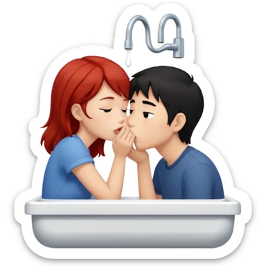 asian black haired boy kisses redhead girlfriend by broken sink sticker
