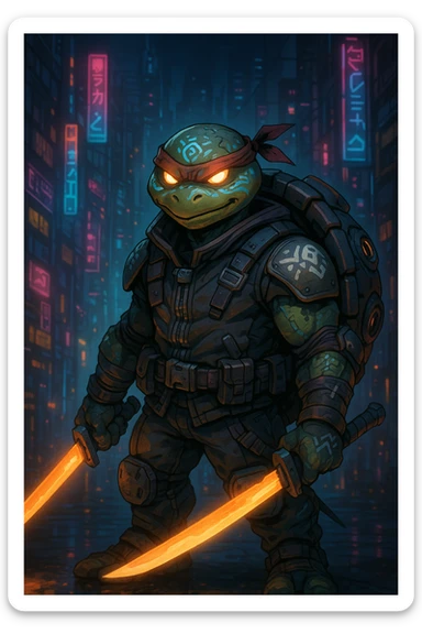 A humanoid mutant turtle warrior in futuristic street armor with glowing eyes and tribal markings, wielding dual energy blades, featuring a tech-enhanced shell, bold and clever expression with a slightly rebellious vibe, standing in a neon-lit dystopian city background, original character, not based on any franchise. sticker