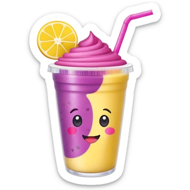 Cute Kawaii Smoothie Cup, filled with blended fruity goodness, a smiling face with excited eyes, bright colorful layers of pink, yellow, and purple, topped with a straw and tiny fruit slices! sticker