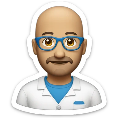 A bald Italian individual with a slight beard, working at a computer. They wear oval, brown glasses, and their eyes are a vibrant shade of blue. sticker