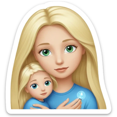 blonde girl with blue-green eyes, lashes, long hair , Holding her little Boy, with light blue eyes  sticker