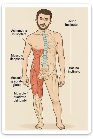 Uomo con problemi di asimmetrie e bacino inclinato, visione anatomica in italiano sticker