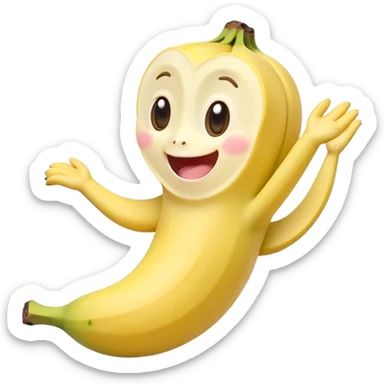 Cute Kawaii Banana, slightly curved, soft pastel yellow, cute giggling face with big round eyes, tiny arms waving happily, a peeled section revealing a smiling expression! sticker