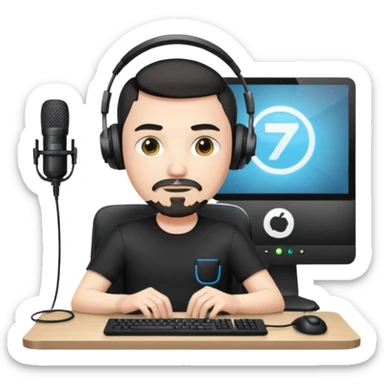 a setup of a youtuber, white skin, thin goatee, black short hair, with a desktop pc on a table, a gaming chair, microphone, white ring light sticker