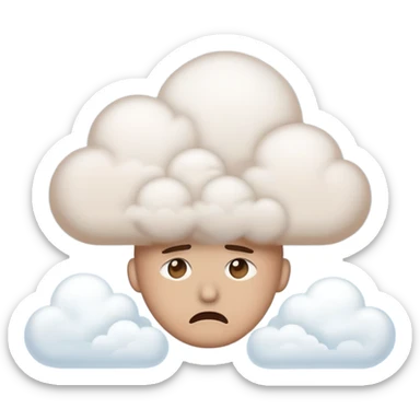 Overthinking emoji that has a cloud of thoughts above itself. He tries to scare off the cloud of thoughts while looking at it sticker
