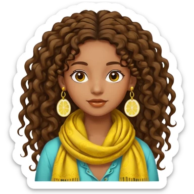 bohemian girl, brown skin, long curly brown hair tied up high at the back, lemon yellow scarf, round earrings, free-spirited sticker