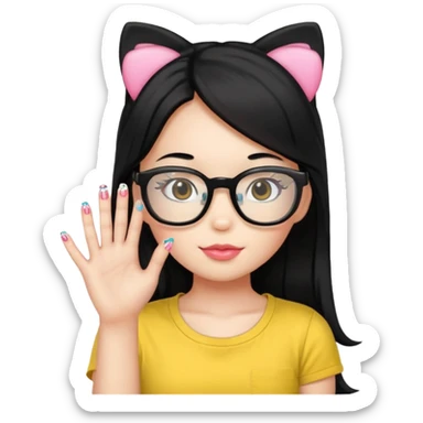 Nails cute with hello kitty wear glasses black long  hair wear, yellow shirt sticker