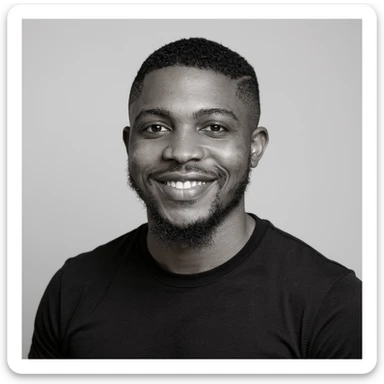 A professional portrait of me in monochrome. Plain black crew neck shirt. Tailored to LinkedIn. Tech boy vibe (programmer). I’m a black man from Nigeria. Retain facial features from attached image. Make face smoothie and healthy. No accessories. Light gray background to make subject more visible. sticker