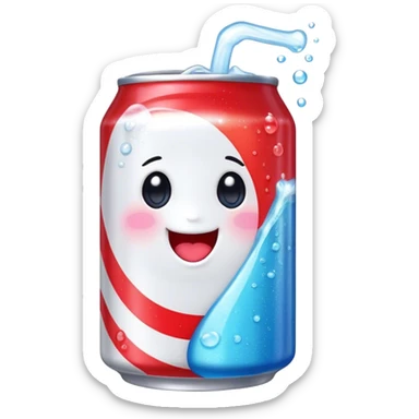 Cute Kawaii Soda Can, bubbly and vibrant, bright red and blue stripes, playful fizz popping around, a chubby happy face with wide sparkling eyes, energetic and refreshing! sticker