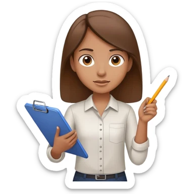 Intern or volunteer with brown hair holding a clipboard and pencil, ready to take notes or assist. The character wears a simple shirt and has an eager posture sticker