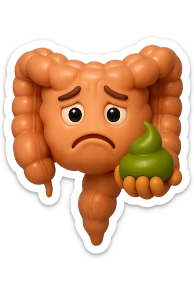 emoji stile iphone 3d di un intestino con espressione triste con cacca verde e liquida in mano, iperrealistiche 4k sticker