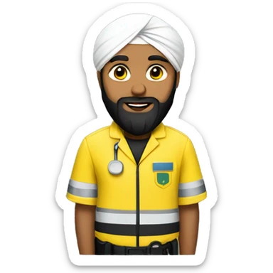 Sikh man with beard wearing a black turban and a yellow paramedic jacket sticker