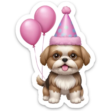cute shih tzu hold a few pink balloons  in both arms with pink birthday hat sticker