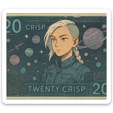 a banknote bill. full frame close up of a "20 crisp" banknote. futuristic, cyberpunk. stellar and planetary style designs adorn the bill. the face pictures is a woman in her 20's, gold yellow eyes, white hair in a single long braid, side of head shaved. she wears a military flight bdu. the final design shape is a 2:1 rectangle sticker
