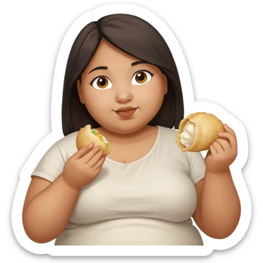 Can you create an emoji of a half Indian - half white 23 year old girl with dark brown mid length hair and brown eyes who is super obese and eating a dumpling. Full body and make her really fat sticker