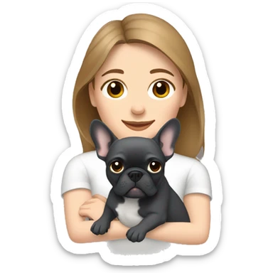 light brown hair woman hugging a dark gray french bulldog sticker