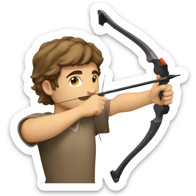 a male archer aiming with a bow looking at his target, wearing a tshirt, brown hair, bright skin, sticker