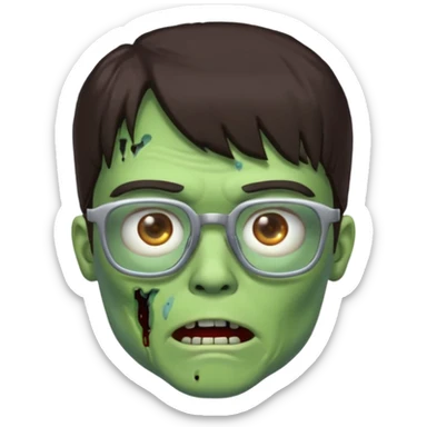 an emoji of a male green zombie with dark brown hair and female bangs that cover your entire forehead and extend to your eyebrows, wearing square, bluish glasses. sticker