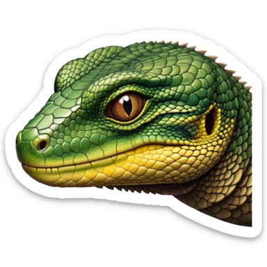 Cinematic Realistic Noble Monitor Lizard Portrait Emoji, Poised and imposing, with a robust, muscular build and a rugged, intricately scaled hide in natural olive and dark brown tones, a sharply defined head with intense, observant eyes, rendered with lifelike detail and authentic texture, high shine, intelligent and formidable, styled with an air of desert authority, focused and attentive, soft glowing outline, capturing the essence of a watchful and confident monitor lizard that appears ready to stride out of the screen with effortless power! sticker