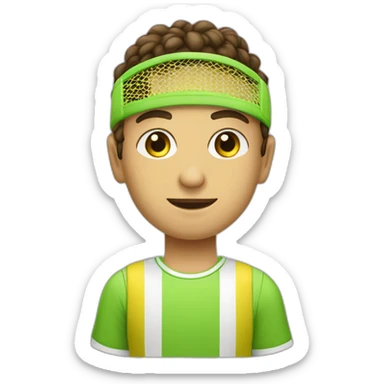 Ragazzo riccio con occhi verdi con maglietta gialla gioca stanco con una racchetta da tennis sticker