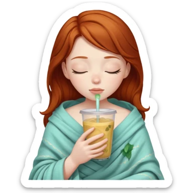 dark ginger haired girl with pale skin, wrapped in a blanket, sipping boba, eyes closed sticker