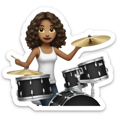 A light-skinned brunette is playing on a drum set sticker