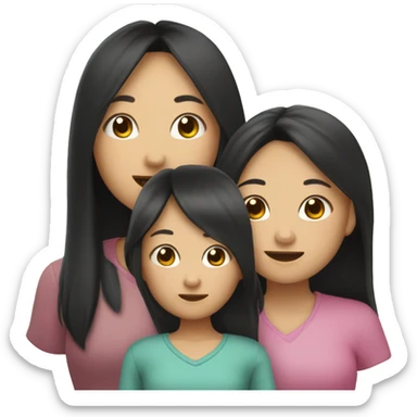 Asian mom with long black hair, one older daughter with very long hair, and two twin daughters with long dark hair sticker