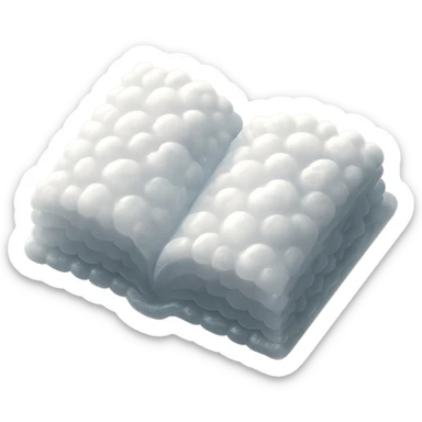 top view of a thick open book made entirely of small, very bright white fluffy convex clouds, matte glass style, no background sticker