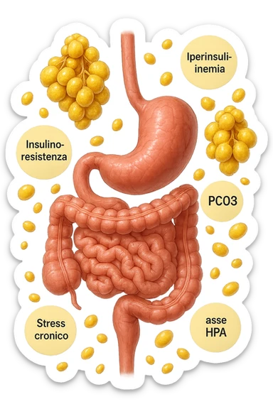 STOMACO E INTESTINO SONO VERTICALMENTE COLLEGATI E INTORNO A QUESTI ORGANI CI SONO CELLULE DI GRASSO GIALLE ATTACCATE SOPRA A GRAPPOLI, intorno fluttuano cellule di grasso giallo e alcune targhette con queste parole "Iperinsulinemia", "insulino-resistenza", "PCOS", "Stress cronico", "asse HPA", IPERREALISTICO 4K sticker