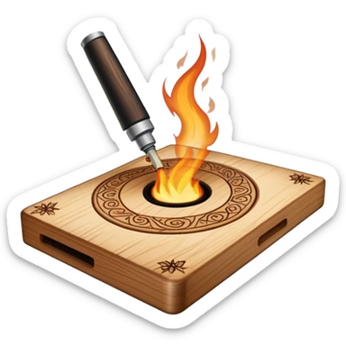 Pyrography icon, wooden board with intricate burn marks, pyrography tool (wood burner) in use, detailed patterns burned into the wood, minimalistic style, clean lines, transparent background. sticker