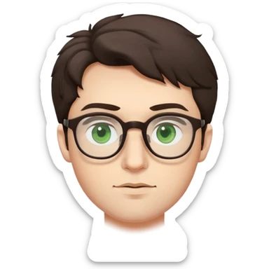 Young man with slightly curled dark brown poofy hair, green eyes wearing glasses, wide face with eyes set apart, bigger ears, pale skin, slightly bigger nose, fuller darker lips, and very light stubble sticker