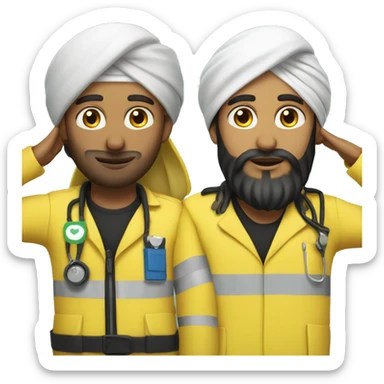 Skinny sikh man with beard wearing a black turban and a yellow paramedic jacket sticker