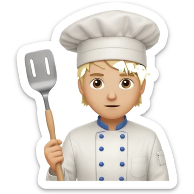 Chef with spatula and spiked blonde hair and crazy eyes at the back door sticker