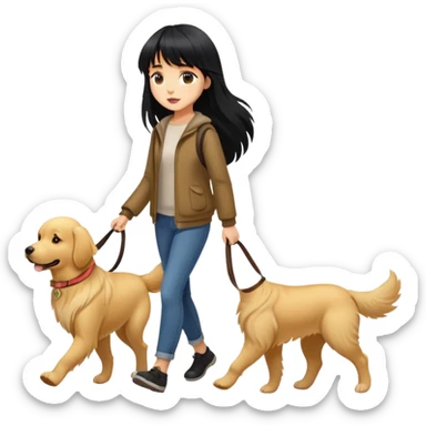 A girl with long black hair and bangs walking with a golden retriever sticker