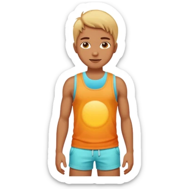 Emoji-style person in beach shorts with sunburned shoulders and chest, tank top outline for a sunburn, cute rounded features, soft shading, vibrant colors sticker