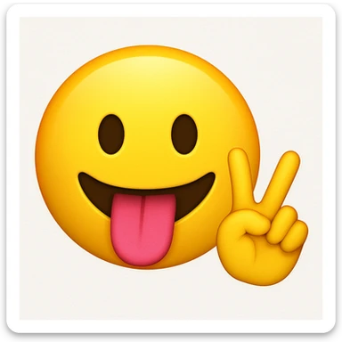 Yellow face iPhone emoji, tongue sticking out, putting up a peace sign sticker