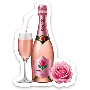 bottle of sparkling rose champagne tilted up and to the right, with a rose logo sticker
