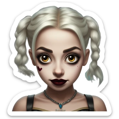 Halfling Jasmine in Harley Quinn style, oil paint, mysterious eyes, intricate lips, masterpiece portrait, odd perspective, beautiful, desirable, logical sticker