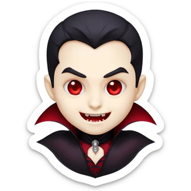 Cinematic Cute Vampire Portrait Emoji, with a refined yet playful small, rounded pale face accented by tiny, cute fangs and bright, twinkling eyes, sporting miniature elegant dark attire with a hint of crimson, simplified yet irresistibly charming, highly detailed with a soft glowing outline that captures the delightful duality of spooky sweetness and stylish allure! sticker