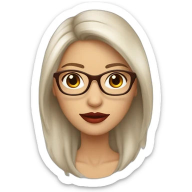 Mujer de piel blanca con labios rojos , cabello largo color castaño con rulos solo en las puntas, anteojos de vista y ojos color marron con lentes sticker