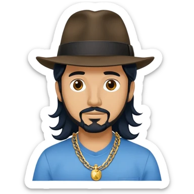 Man with black long wavy hair, brown eyes, tan skin and light black goatee blue shirt fedora hat gold chains sticker